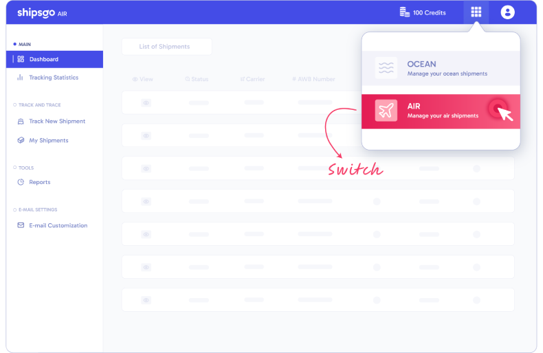 Shipsgo benutzerfreundliches Dashboard für sowohl Luftfracht- als auch Seefrachtverfolgung