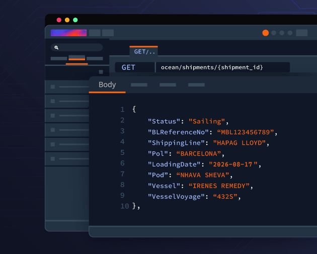 Durum, denizcilik şirketi ve liman verileri dahil olmak üzere, bir deniz yolu sevkiyatı GET isteği için JSON yanıtını gösteren ShipsGo API arayüzü