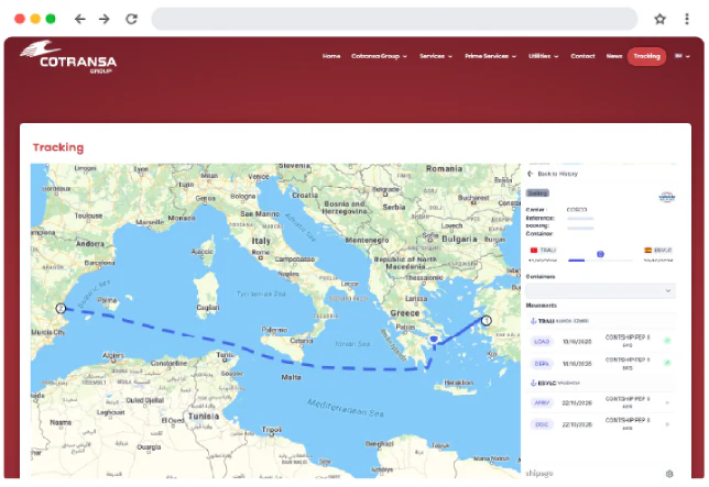 Site web de Cotransa Group avec une carte de suivi en direct ShipsGo intégrée