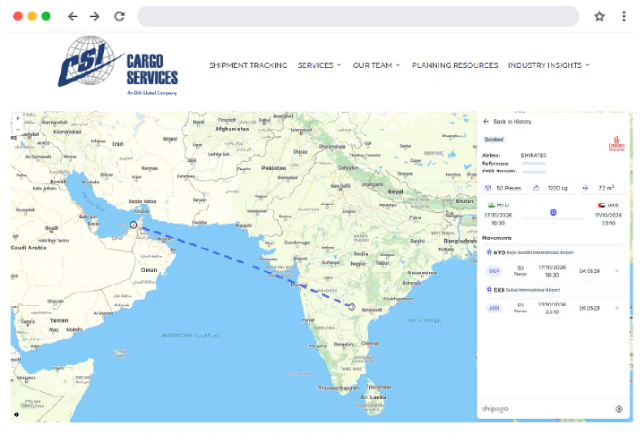 Site web de Cargo Services Inc. avec une carte de suivi en direct ShipsGo intégrée