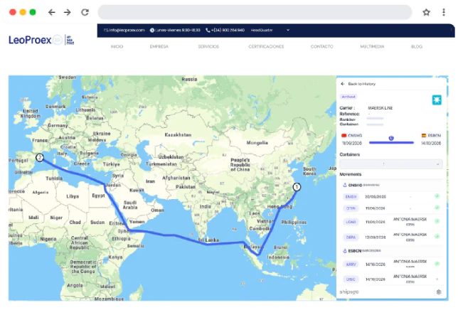 Site web de LeoProex avec une carte de suivi en direct ShipsGo intégrée