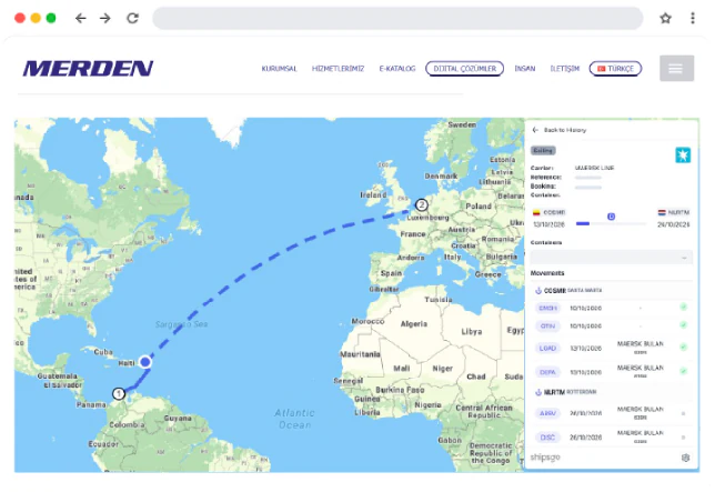 Site web de Merden Logistics avec une carte de suivi en direct ShipsGo intégrée