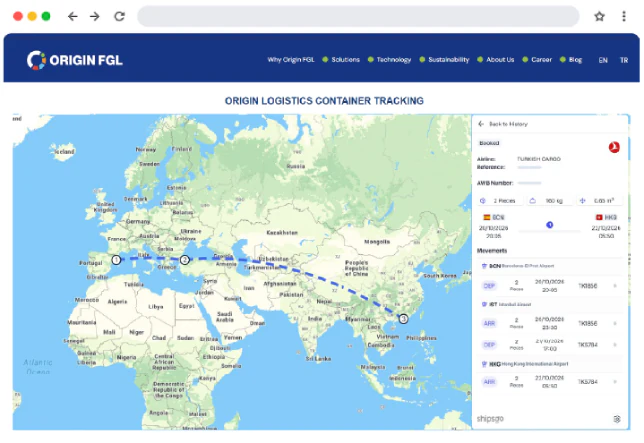 Site web de Origin FGL avec une carte de suivi en direct ShipsGo intégrée
