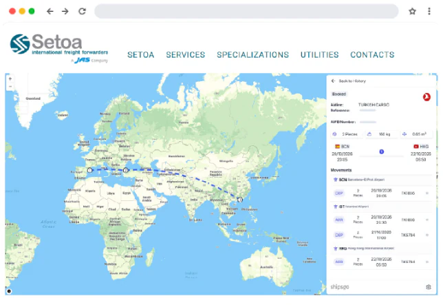 Site web de Setoa Italia avec une carte de suivi en direct ShipsGo intégrée